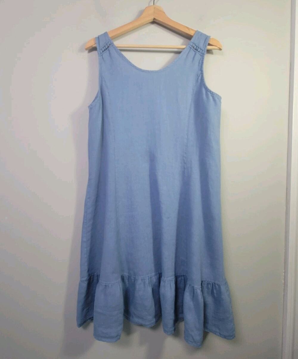 Terzo Millenio M Linen Sleeveless Ruffle Tiered Mini Dress Blue